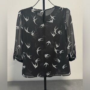 Banana Republic Petite XXS Sheer Bird Print Blouse Black White 3/4 Sleeve